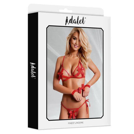 Raven Bra, Panties and Handcuffs Set in red by Adalet displayed on packaging.
