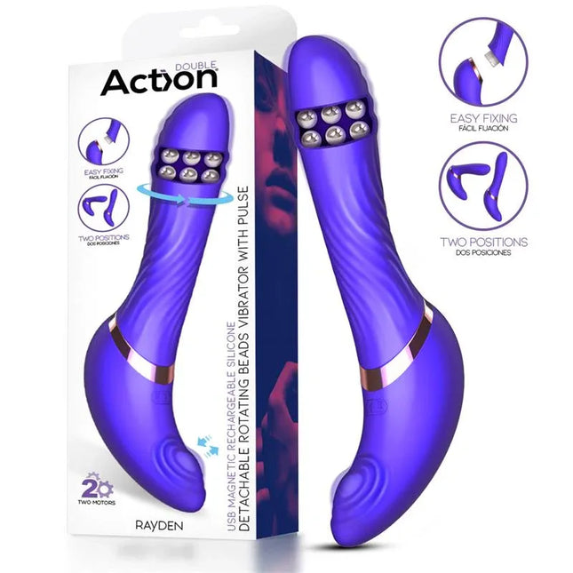 Rayden Detachable Rotating Beads Vibrator with Pulsation Two Positions in packaging and highlighted features.