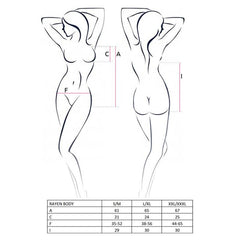 Size chart illustration for RAYEN Body Black, showing measurements for S/M, L/XL, XXL/XXXL. Avanua collection, elegant and sexy design.