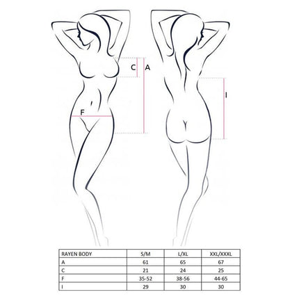 Size chart illustration for RAYEN Body Black, showing measurements for S/M, L/XL, XXL/XXXL. Avanua collection, elegant and sexy design.