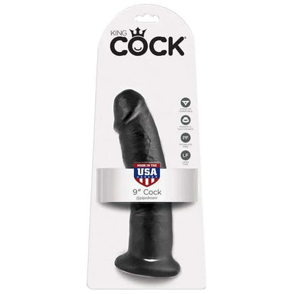 Reaslitic Dildo 9 in packaging, black realistic design with suction cup, 9-inch length for hands-free play.