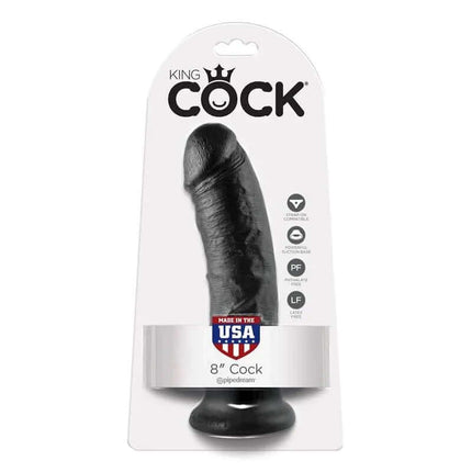 Packaging of Reaslitic Dildo 8, an 8-inch hyper-realistic dildo with suction cup, lifelike texture and made in the USA by King Cock.