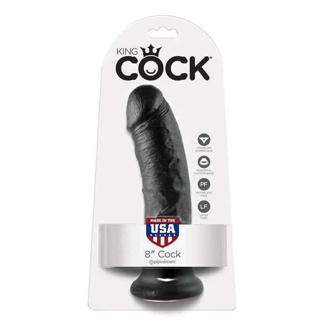 Packaging of Reaslitic Dildo 8, an 8-inch hyper-realistic dildo with suction cup, lifelike texture and made in the USA by King Cock.