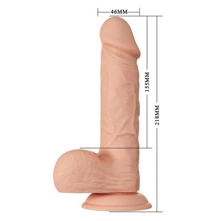 Realistic Dildo Bahamut 8.5 with dimensions and lifelike texture, featuring textured testicles and a suction cup base for versatile use.