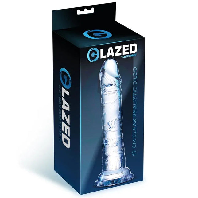 Realistic Dildo Crystal Material 19 cm in packaging with glazed finish, showcasing lifelike design and durable crystal-clear material.