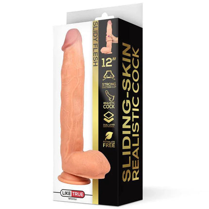 Realistic dildo Dual Layer Retractable 12 with lifelike texture and dual-layer design in original packaging.