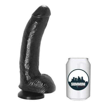 Realistic Dildo Junio 19 cm in black beside a soda can for size comparison, showcasing lifelike design and gentle curve.