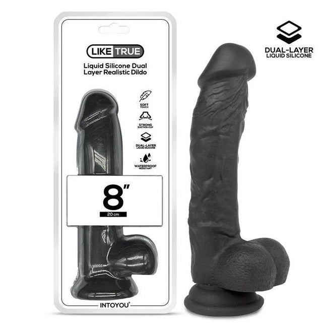 Realistic Dildo Liquid Silicone Dual Layer 8 Black with packaging and product image, showing texture and curvature.