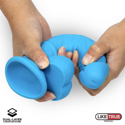Hands holding Realistic Dildo Liquid Silicone Dual Layer 8 Blue showcasing flexibility and dual-layer design.