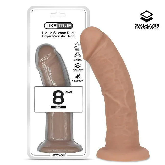 Realistic Dildo Liquid Silicone Dual Layer 8.25 in packaging and side view