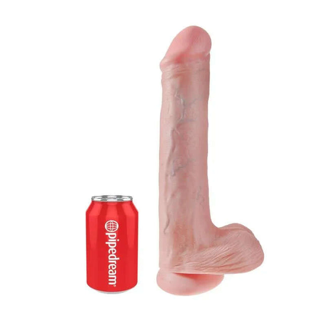 Reaslitic Dildo with Testicles 13 next to soda can for size comparison, showcasing lifelike texture and impressive length.