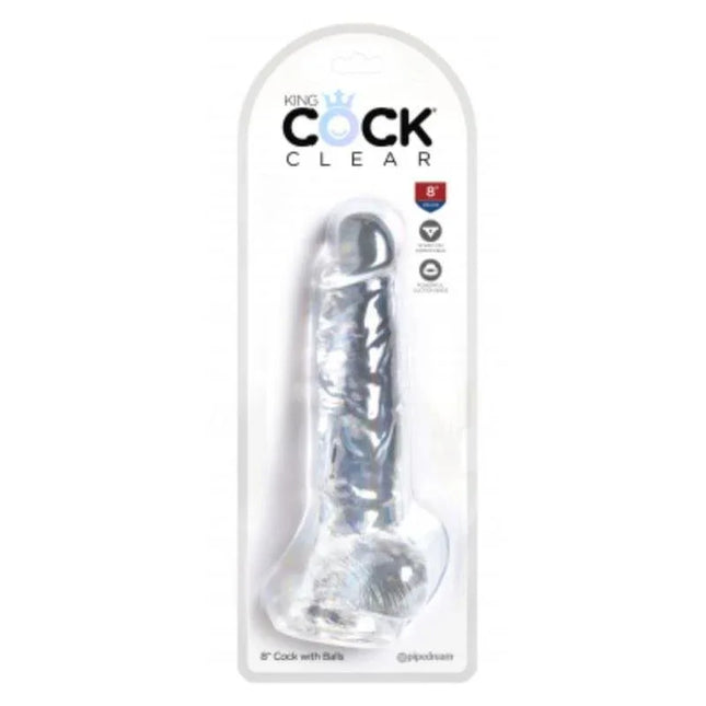 Realistic Dildo with Testicles 8 Clear in packaging, lifelike design, 8-inch length, transparent finish, harness compatible for versatile use