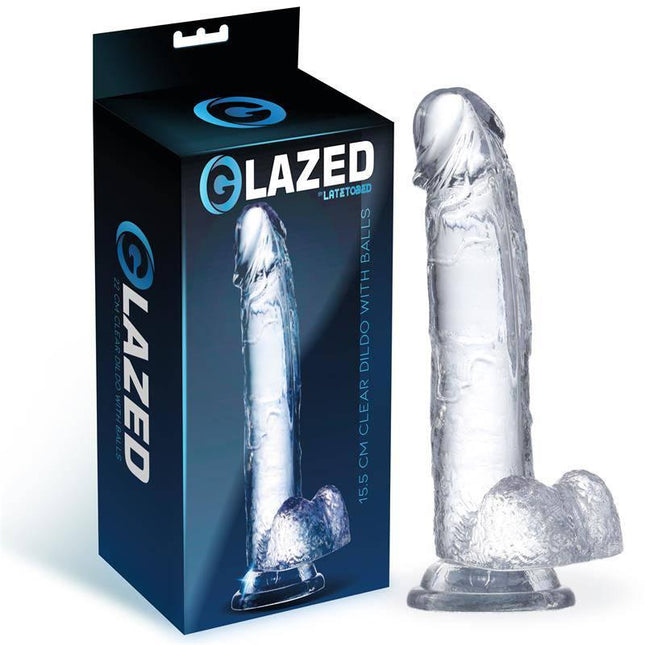 Realistic Dildo with Testicles Crystal Material 15,5 cm in packaging from Glazed collection.