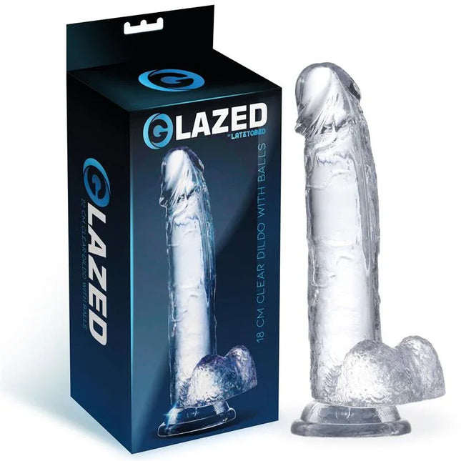 Realistic Dildo with Testicles Crystal Material 18 cm shown with packaging