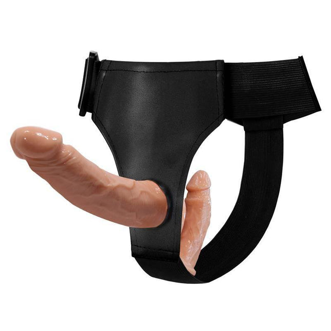 Realistic Double Harness with two dildos for comfortable shared intimacy, designed for couples' pleasure and easy slip-on use.