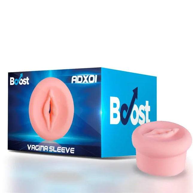 Realistic Vagina Sleeve ADX01 packaging and product from Boost Pumps for enhanced male pleasure.