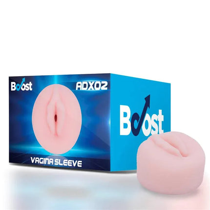 Realistic Vagina Sleeve ADX02 packaging and product by Boost Pumps for male pleasure and performance enhancement.