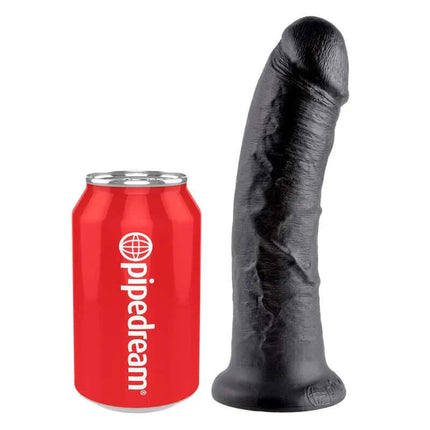 Reaslitic Dildo 8 next to a soda can for size comparison, highlighting the 8-inch hyper-realistic design with suction cup feature.