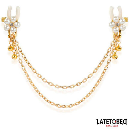 Rearl nipple clamps with Chain from Latetobed BDSM Line, elegant design with adjustable clamps and gold chain for intense sensations.