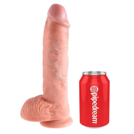 Reaslitic Dildo with Testicles 10 next to red soda can for size comparison, showcasing life-like veins and suction cup base.