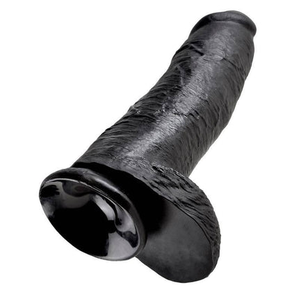 Black Reaslitic Dildo with Testicles 12 featuring lifelike veins and texture, 12-inch length, detailed design for realistic experience.