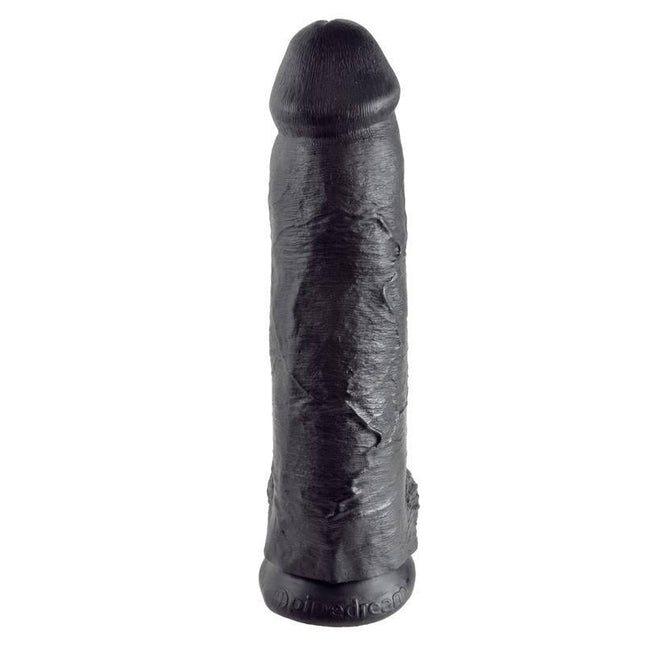 Realistic Dildo with Testicles 12 showcasing lifelike texture and handcrafted design, 12-inch length, emphasizing veined detailing.