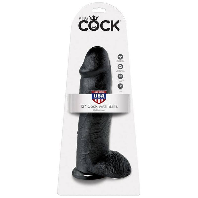 Reaslitic Dildo with Testicles 12 in packaging, featuring realistic detailing and texture for lifelike sensation.