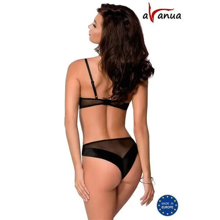 Woman wearing Rebecca Body Black with open back and transparent design, available in S/M, L/XL, XXL/XXXL. Made in Europe.
