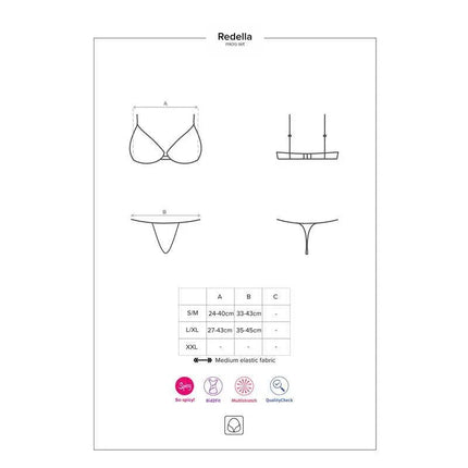 Size chart and design details for Rebella 2 Pieces Set, showcasing measurements and key features in a bold, erotic lingerie ensemble.