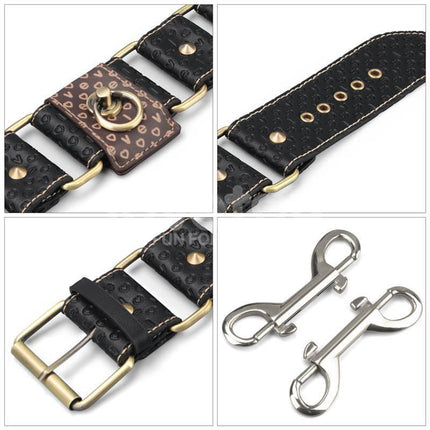 Close-up of Rebellion Reign Ankle Cuffs with vintage bronze spikes and durable PU material, showcasing bold style and lasting comfort.