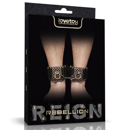 Rebellion Reign Ankle Cuffs packaging with bold style and vintage bronze spikes for bondage enthusiasts.
