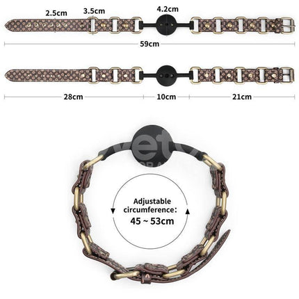 Rebellion Reign Breathable Silicone Ball Gag with antique bronze spikes and adjustable circumference, detailed measurements shown.