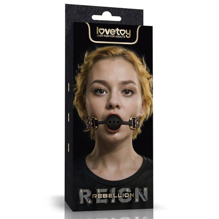 Packaging of Rebellion Reign Breathable Silicone Ball Gag with a model displaying the product.