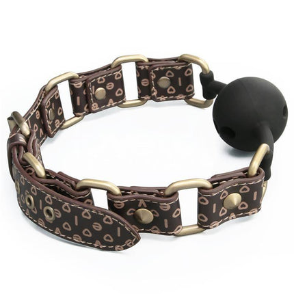 Rebellion Reign Breathable Silicone Ball Gag with antique bronze spikes and dark brown faux leather design.