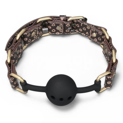 Rebellion Reign Breathable Silicone Ball Gag with antique bronze spikes on dark brown faux leather.