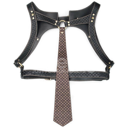 Rebellion Reign Full Body Harness in PU faux leather with decorative studs and tie, showcasing edgy luxury and practical style.