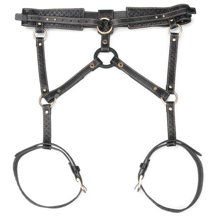 Rebellion Reign Full Body Harness in black PU faux leather, showcasing punk-inspired edgy luxury and practical design.