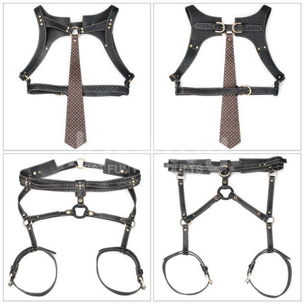 Rebellion Reign Full Body Harness with tie and adjustable straps, crafted in premium faux leather for style and functionality.