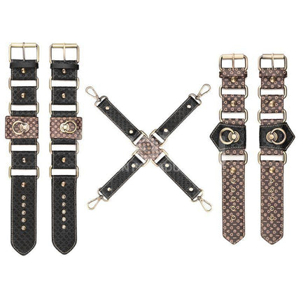 Rebellion Reign Hogtie Set featuring handcuffs, ankle cuffs, and hogtie with old-looking bronze spikes for dramatic restraint experience.