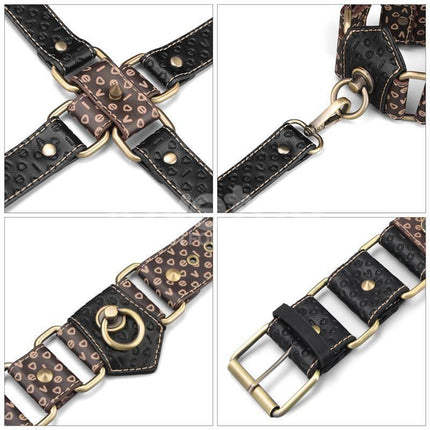 Rebellion Reign Hogtie Set featuring bronze spikes, handcuffs, and ankle cuffs for immersive restraint experience.