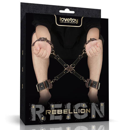 Rebellion Reign Hogtie Set packaging featuring handcuffs, ankle cuffs, and hogtie with bronze spikes for bondage enthusiasts.