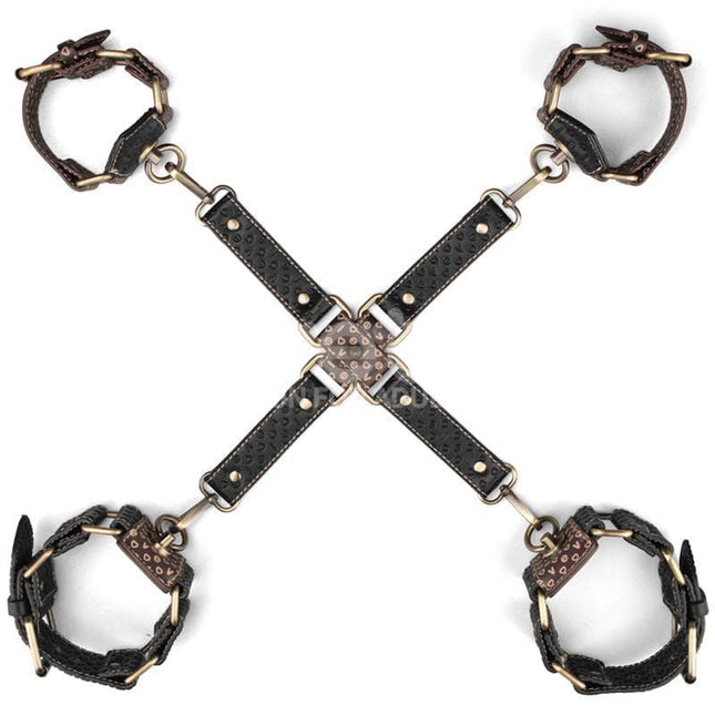 Rebellion Reign Hogtie Set featuring handcuffs, ankle cuffs with bronze spikes for a dramatic bondage experience.