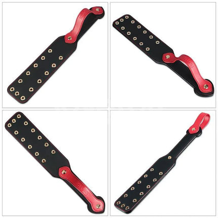 Rebellion Reign Paddle Dual-Branch 15 in black and red PU, four angles showing dual-branch design for intimate play enthusiasts.