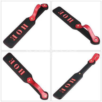 Four views of Rebellion Reign Paddle HOE 15 showing the double-sided HOE cut-out design in black and red with durable PU material.