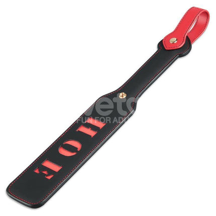 Rebellion Reign Paddle HOE 15, black and red paddle with cut-out text design, durable PU material for balanced control and impact.