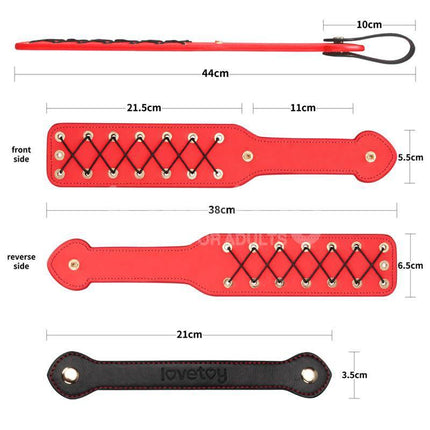 Dimensions and design of the Rebellion Reign Rope Paddle 15 featuring textured red leather and black rope detailing.