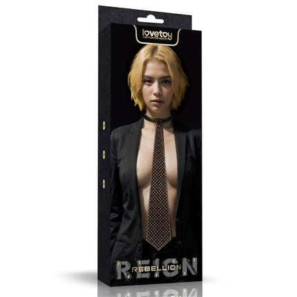 Rebellion Reign Tie Collar in packaging, featuring a stylish and dramatic 19.5-inch tie with edgy design for bold fashion statements.
