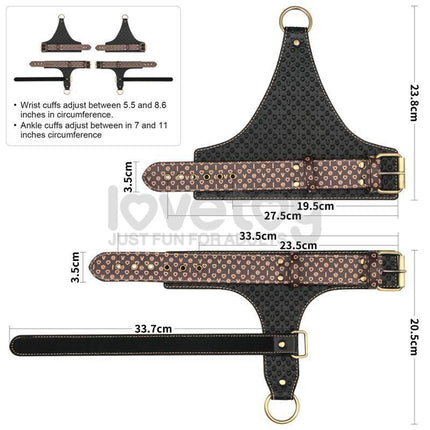 Diagram of Rebellion Reign Under Mattress Restraint showing adjustable wrist and ankle cuffs with measurements.