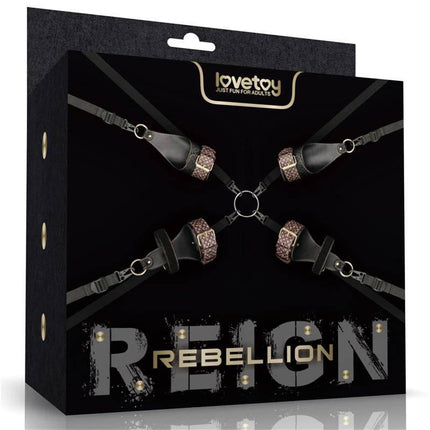 Rebellion Reign Under Mattress Restraint kit with durable PU cuffs and nylon straps for secure adult play, displayed in packaging.