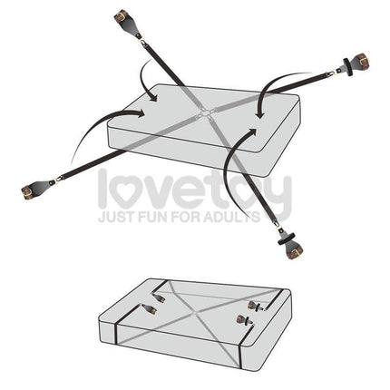 Diagram of Rebellion Reign Under Mattress Restraint showing how it secures beneath a mattress using durable straps.